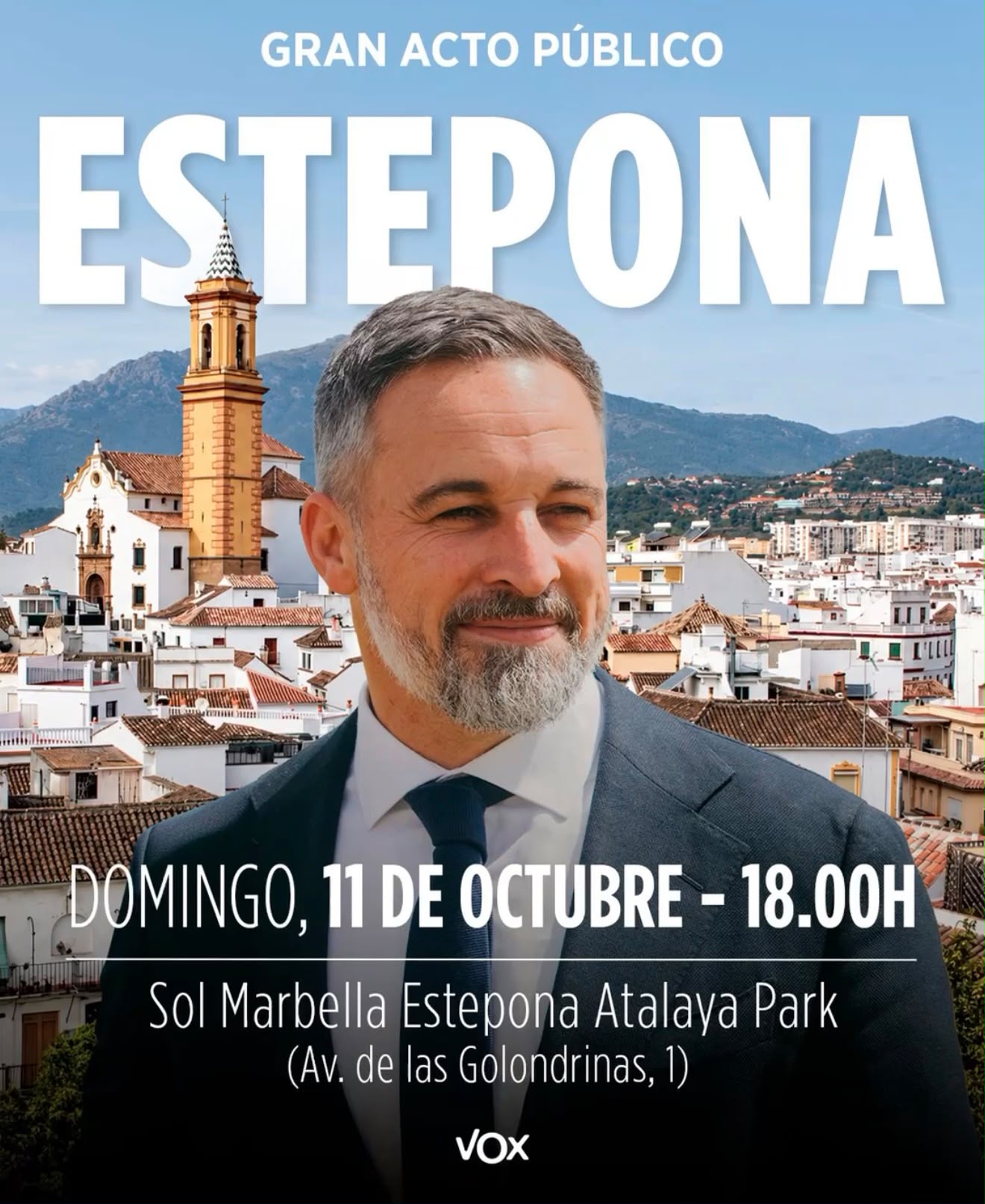 Cartel del gran acto público de VOX en Estepona, domingo 11 de octubre a las 18:00