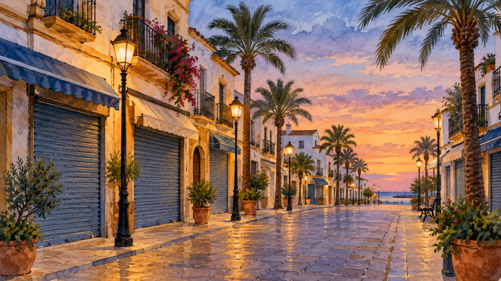 Ilustración conceptual de una calle comercial mediterránea al atardecer; no es una fotografía de los hechos.