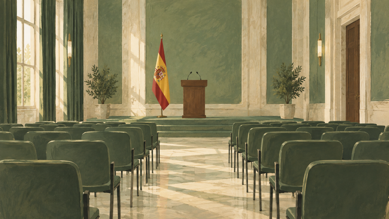 Ilustración conceptual de un salón de actos vacío con atril y bandera española; no es una fotografía del acto.
