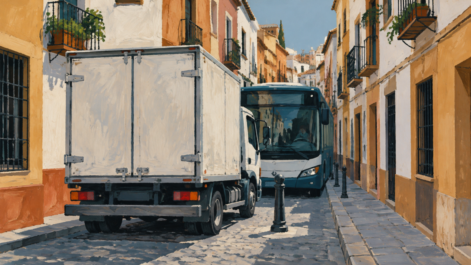Ilustración editorial original sobre tráfico pesado en calles estrechas. No es una imagen de la calle Alcalá y Orti.