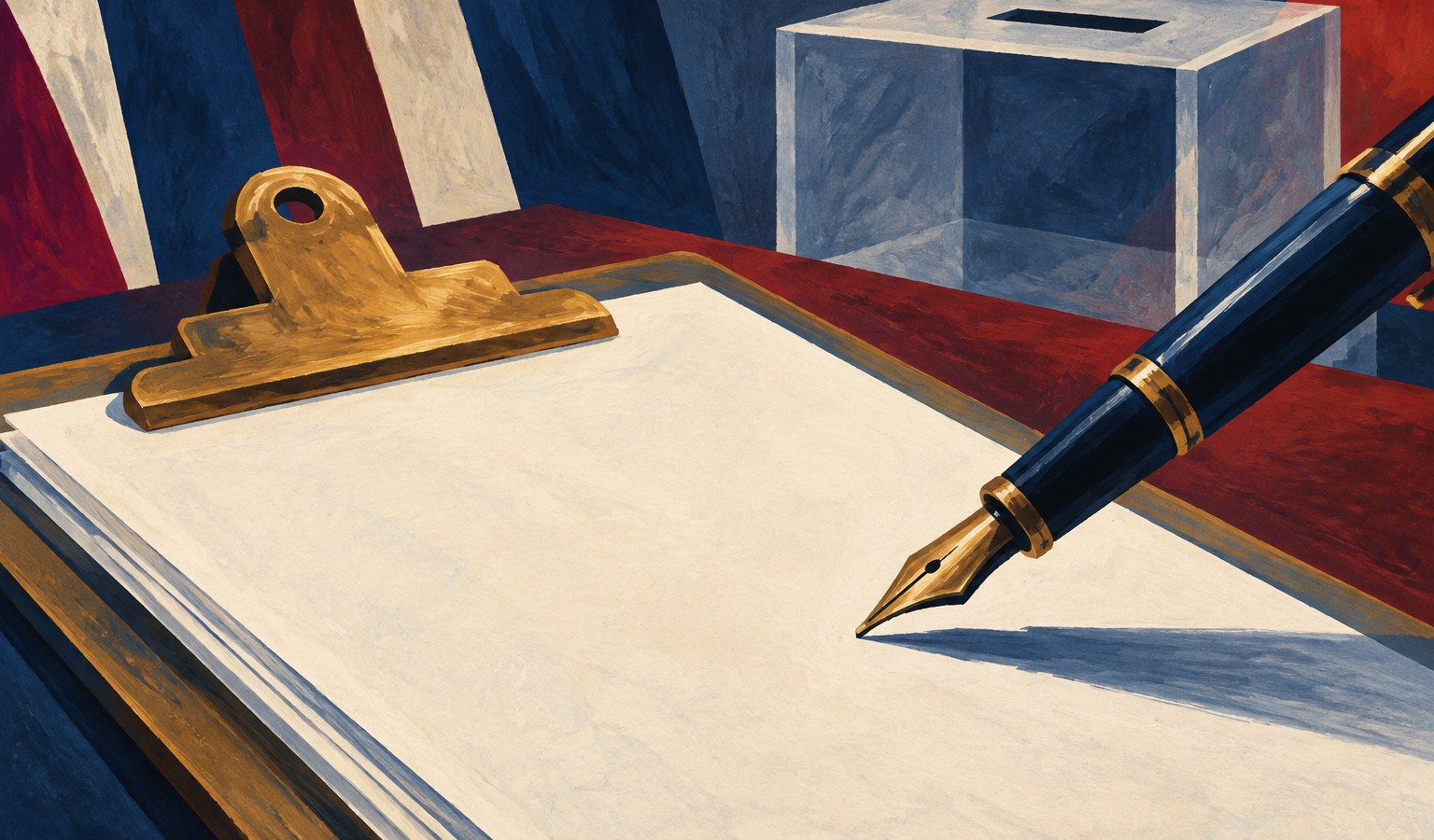 Ilustración editorial original sobre avales electorales. No reproduce firmas, documentos ni una campaña reales.